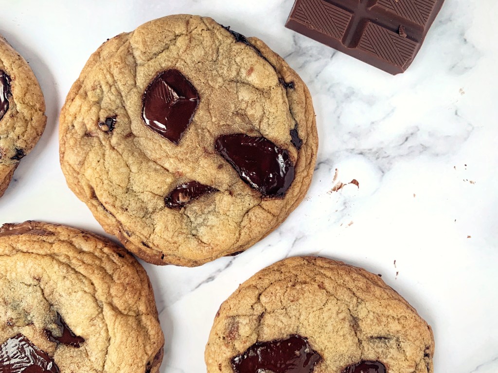 Chocolate chunk cookies on a marble background
